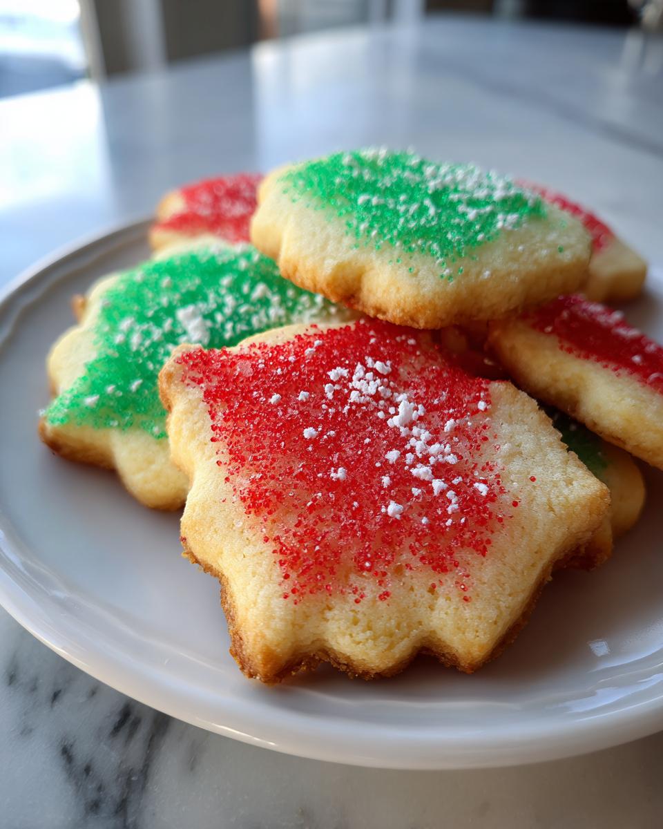 Galletas caseras decoradas con azúcar roja y verde en plato blanco, recetas de navidad económicas