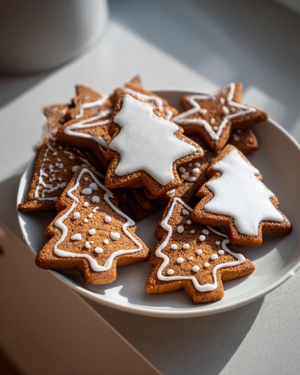 Primer plano de galletas navideñas fáciles 2025 con formas de árbol y estrella, decoradas con glaseado blanco.