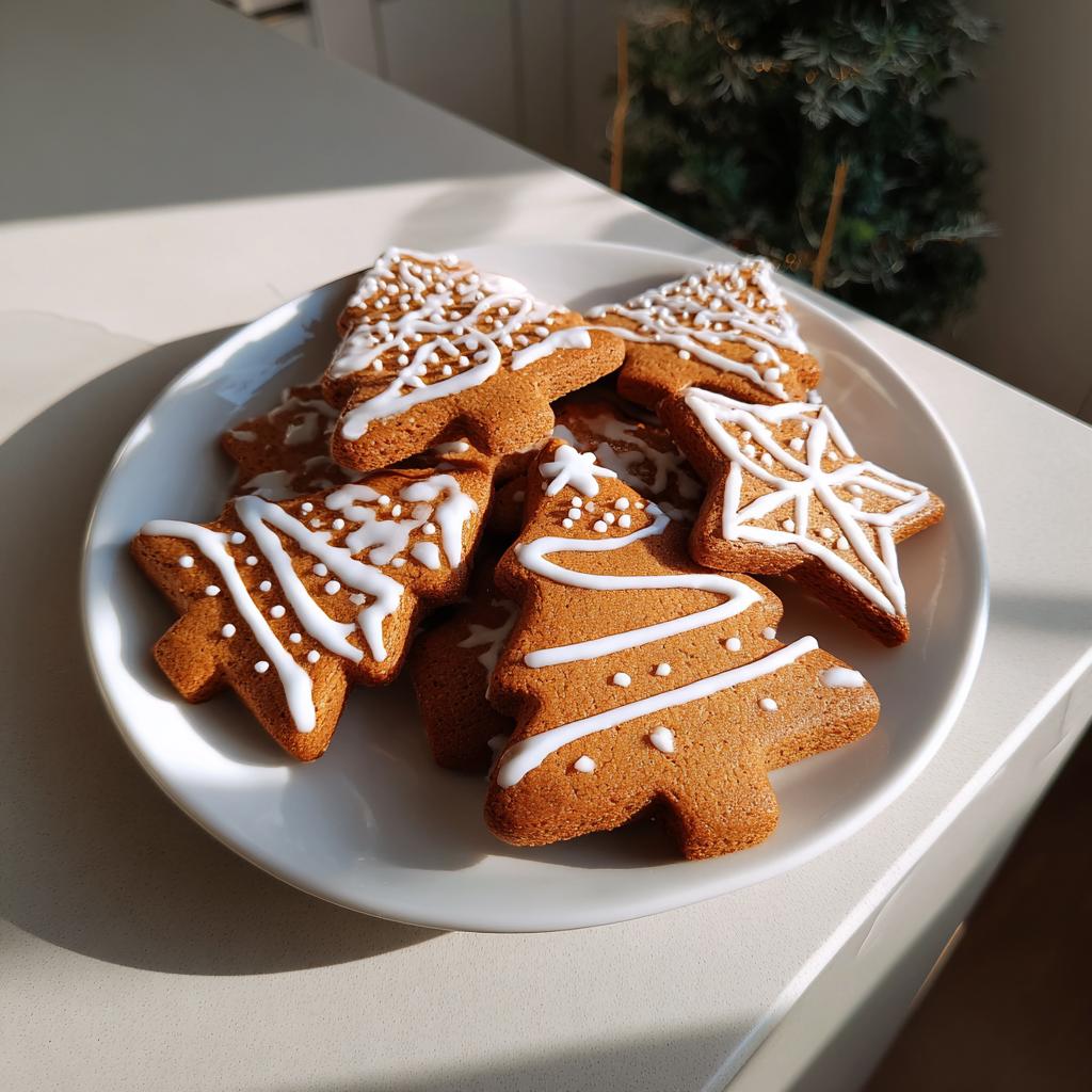 Primer plano de galletas navideñas fáciles 2025 con forma de árbol y estrella, decoradas con glaseado blanco.
