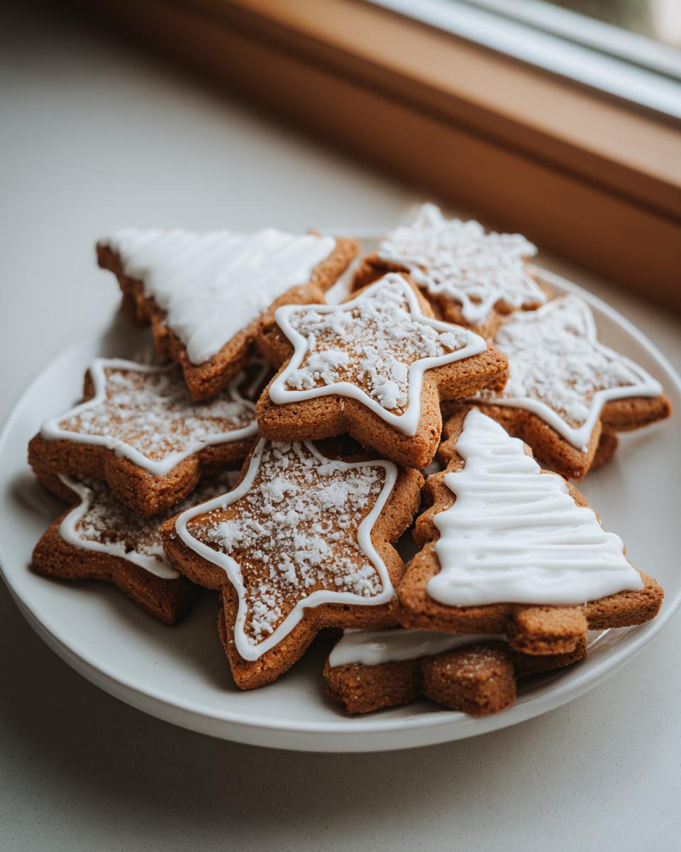 Primer plano de galletas navideñas fáciles en forma de estrella y árbol, decoradas con glaseado blanco y azúcar glas.