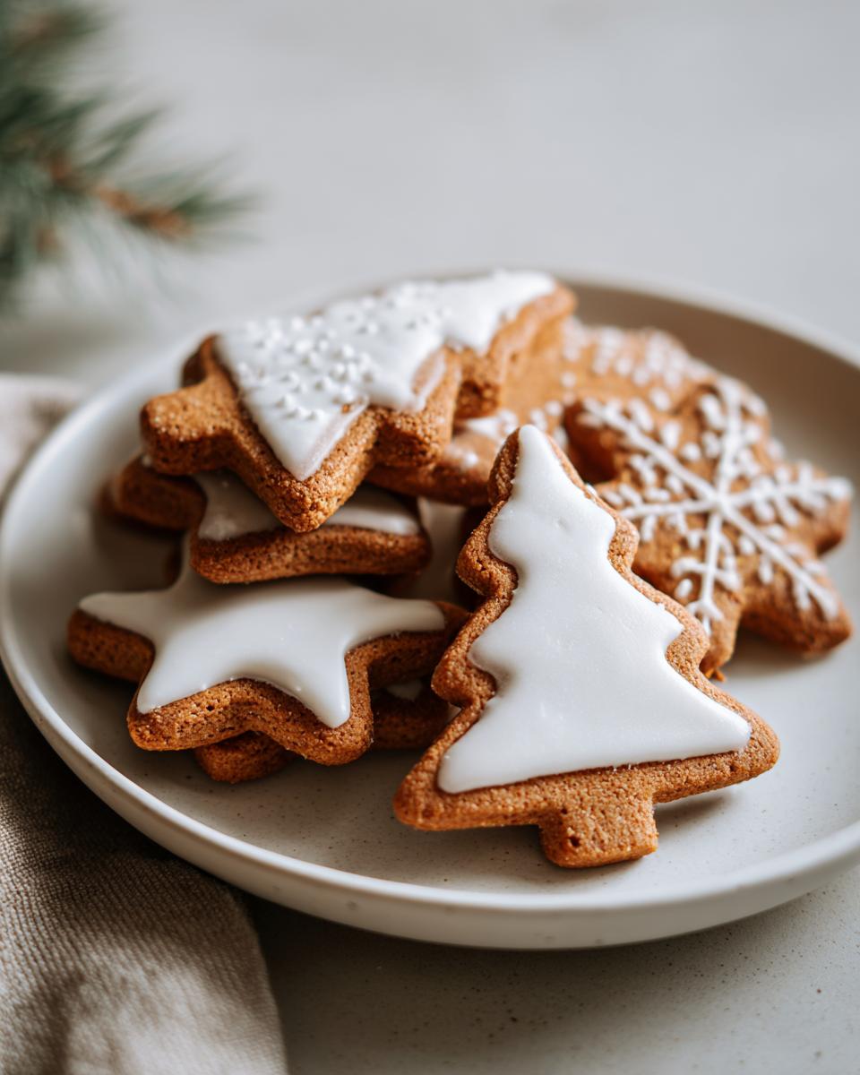 Primer plano de galletas navideñas fáciles con forma de árbol de Navidad y estrella, decoradas con glaseado blanco.