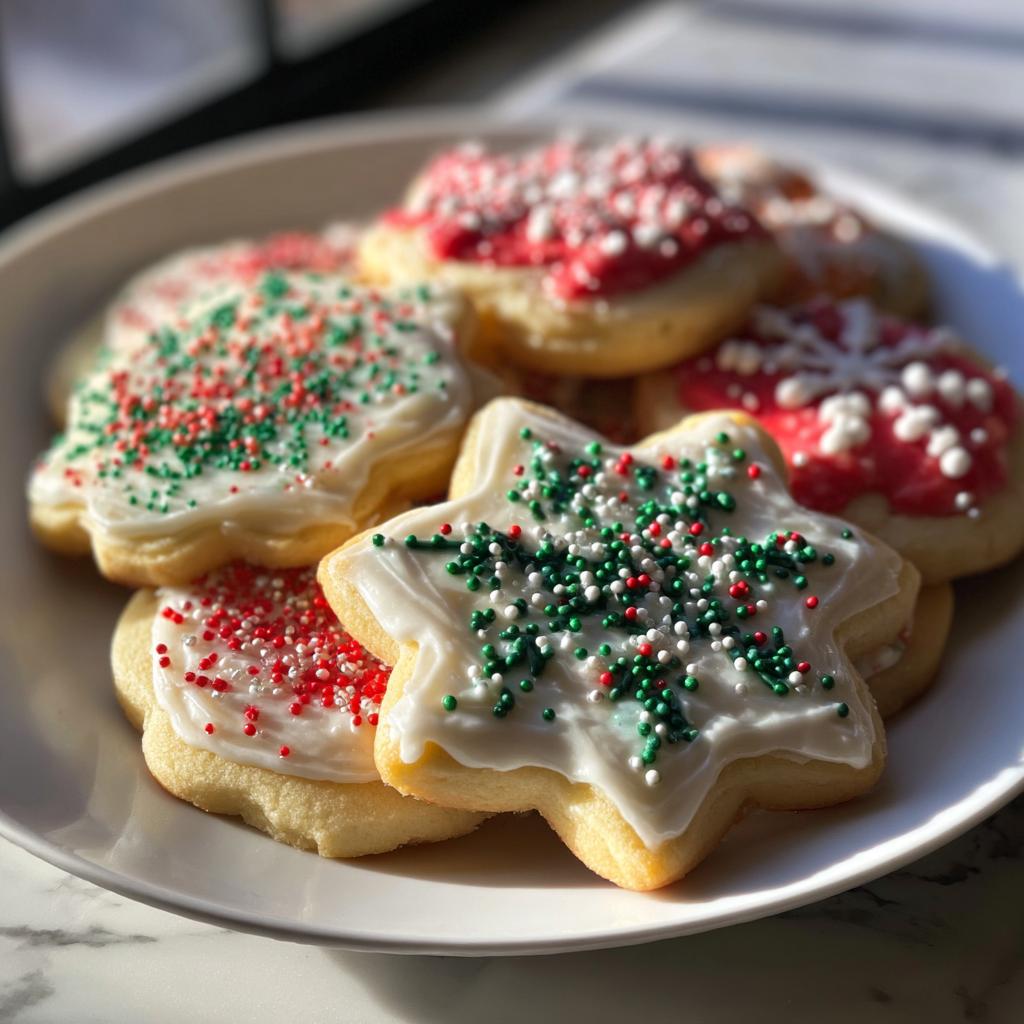 Primer plano de galletas navideñas decoradas con glaseado blanco y rojo, y sprinkles de colores rojo, blanco y verde.