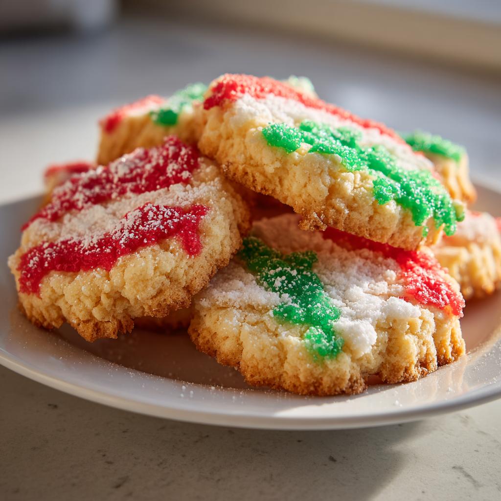 Galletas navideñas económicas decoradas con glaseado rojo y verde sobre un plato blanco.