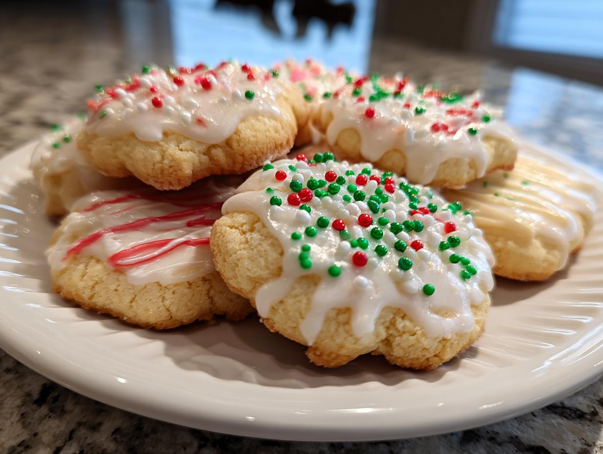 Galletas navideñas con glaseado blanco y sprinkles rojos, verdes y blancos en un plato.