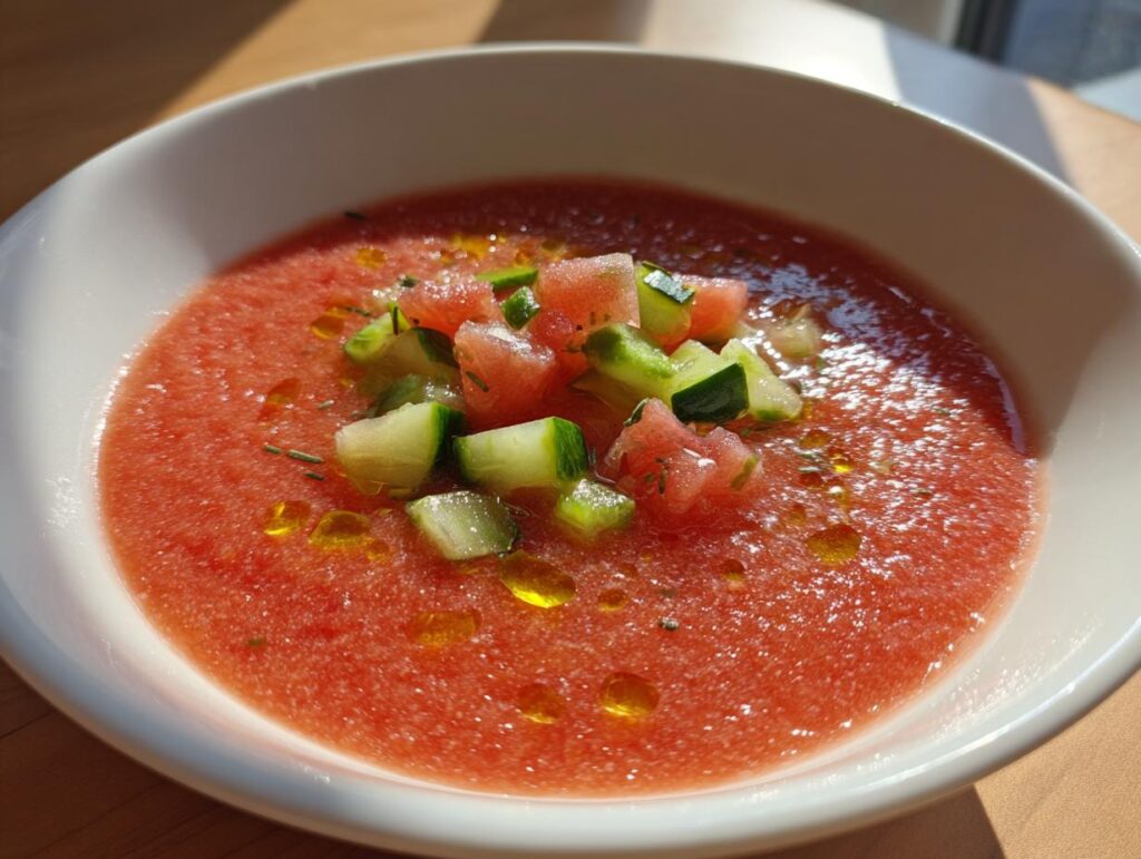 Primer plano de un cuenco de gazpacho andaluz con trozos de tomate y pepino picados y un chorrito de aceite de oliva.