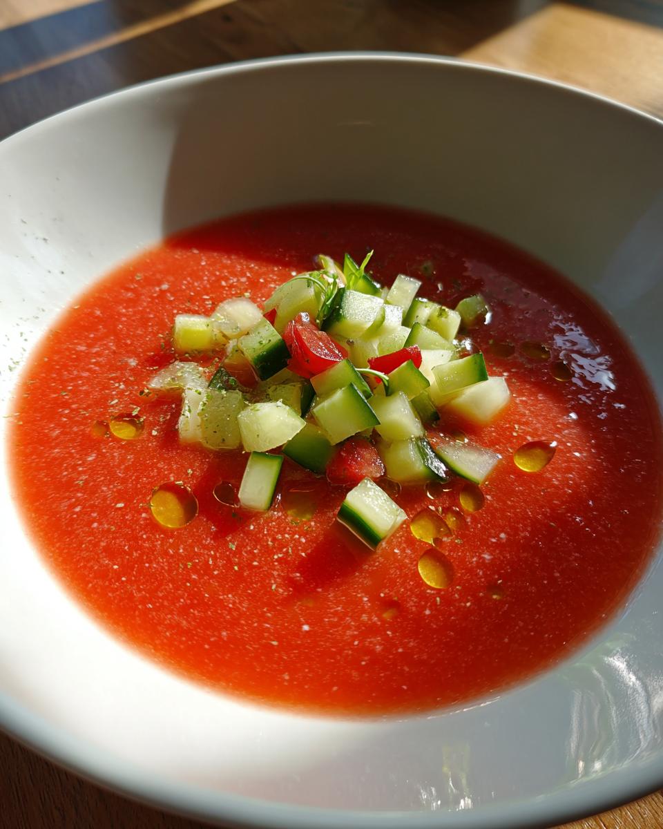 Un tazón de gazpacho andaluz rojo vibrante, adornado con pepino picado, tomate y un chorrito de aceite de oliva.