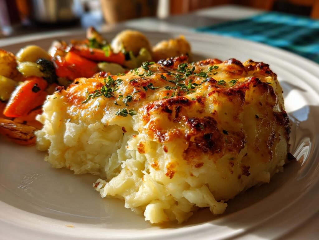 Puré de papas gratinado con hierbas y mezcla de verduras al lado en un plato blanco.