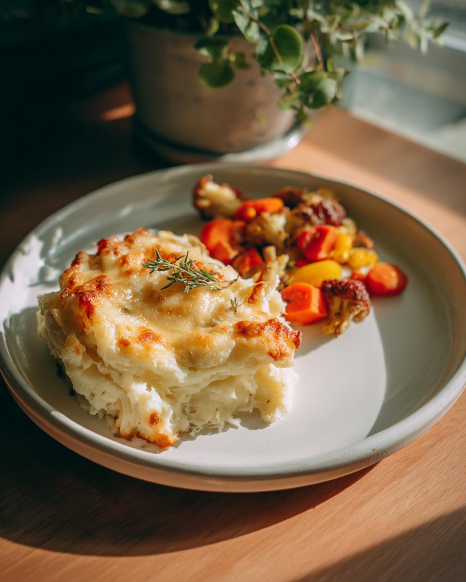 Plato con guarniciones fáciles para navidad: pastel cremoso y verduras asadas coloridas.