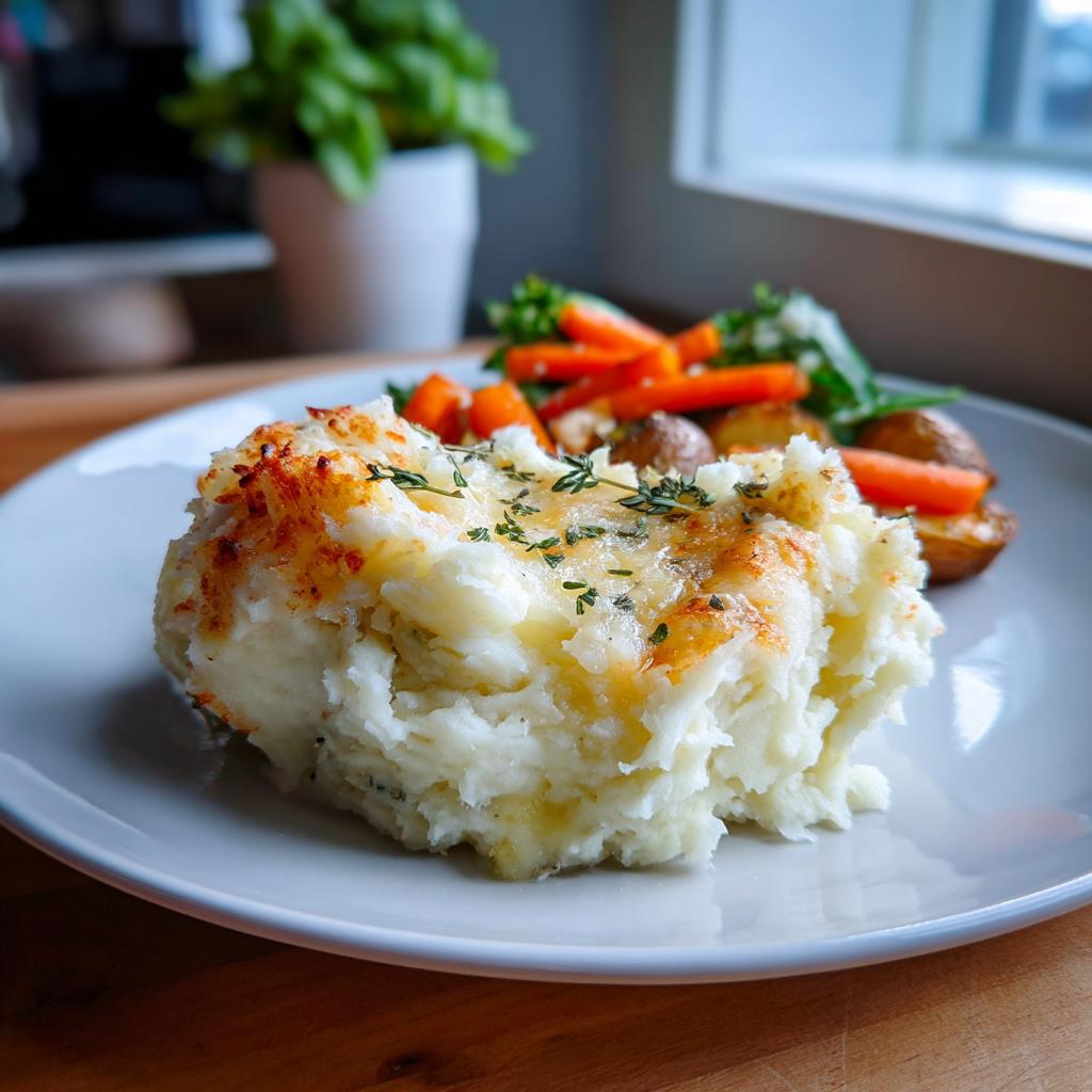Porción de puré gratinado con hierbas y verduras al fondo, guarniciones fáciles para navidad