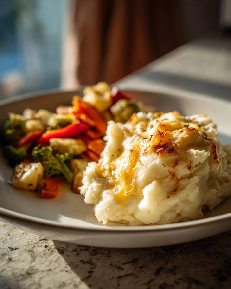 Plato con guarniciones fáciles para navidad: puré de papas gratinado y verduras asadas.