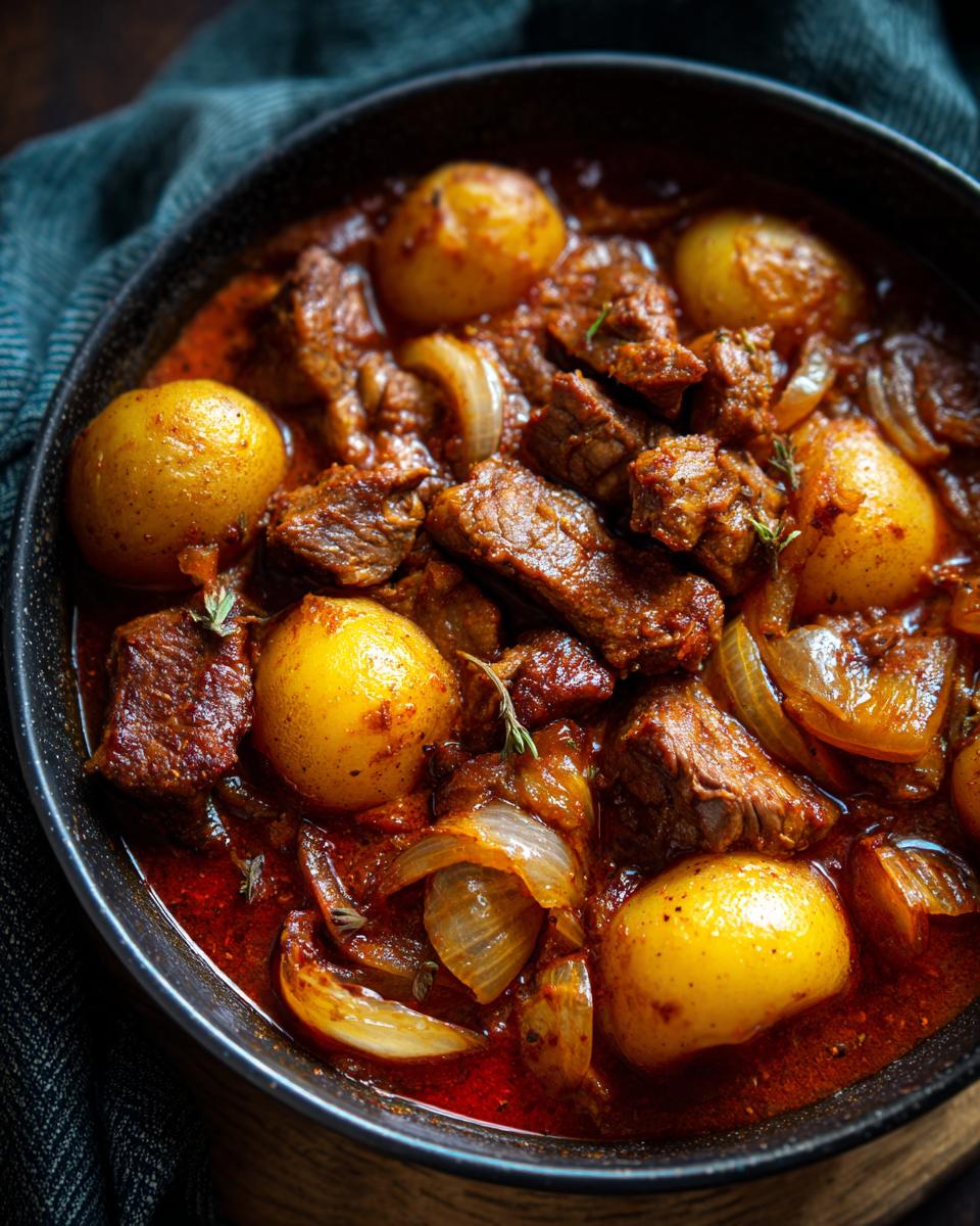 Primer plano de un guiso de carne español con patatas enteras y cebolla, perfecto para recetas para fin de año España.