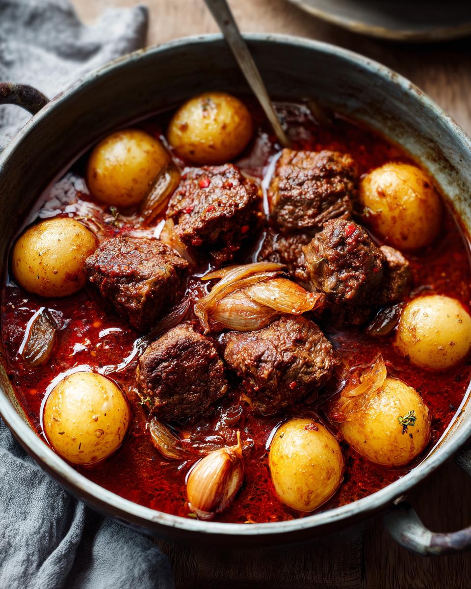 Primer plano de un guiso de carne tierno con patatas pequeñas y cebolla en una olla rústica, ideal para recetas de fin de año en España.