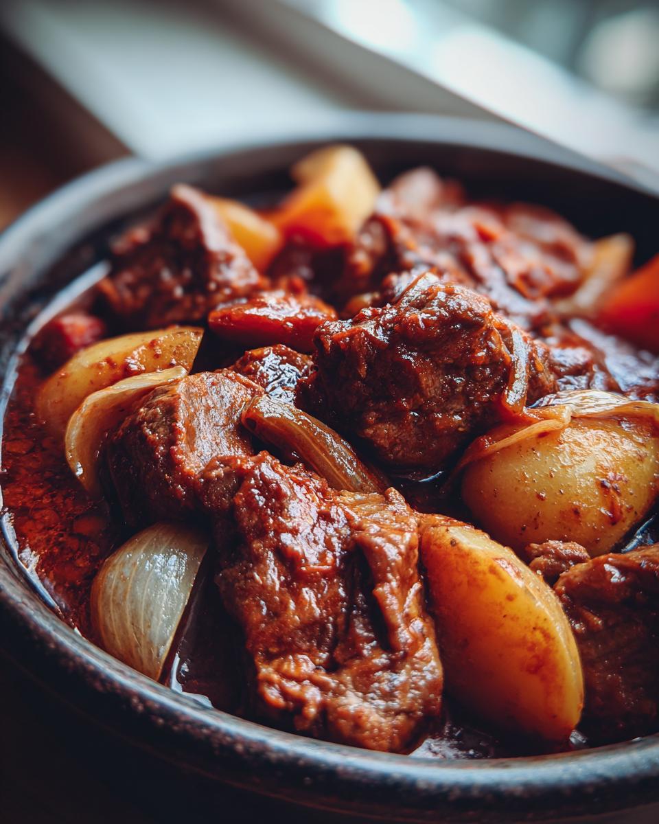 Primer plano de un guiso de carne tierno y jugoso con patatas y cebolla, perfecto para recetas de fin de año en España.