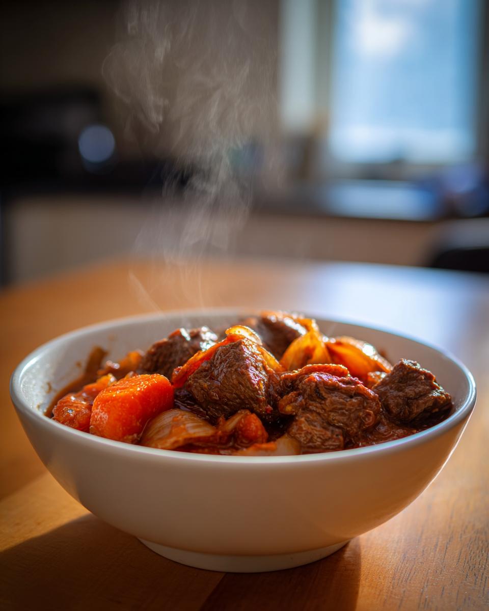 Tazón de guisos tradicionales españoles con carne, zanahorias y cebolla, humeante y recién servido.