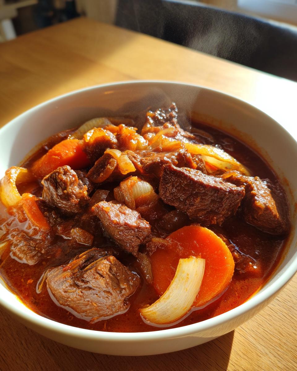 Tazón humeante de guisos tradicionales españoles con carne, zanahorias y cebolla