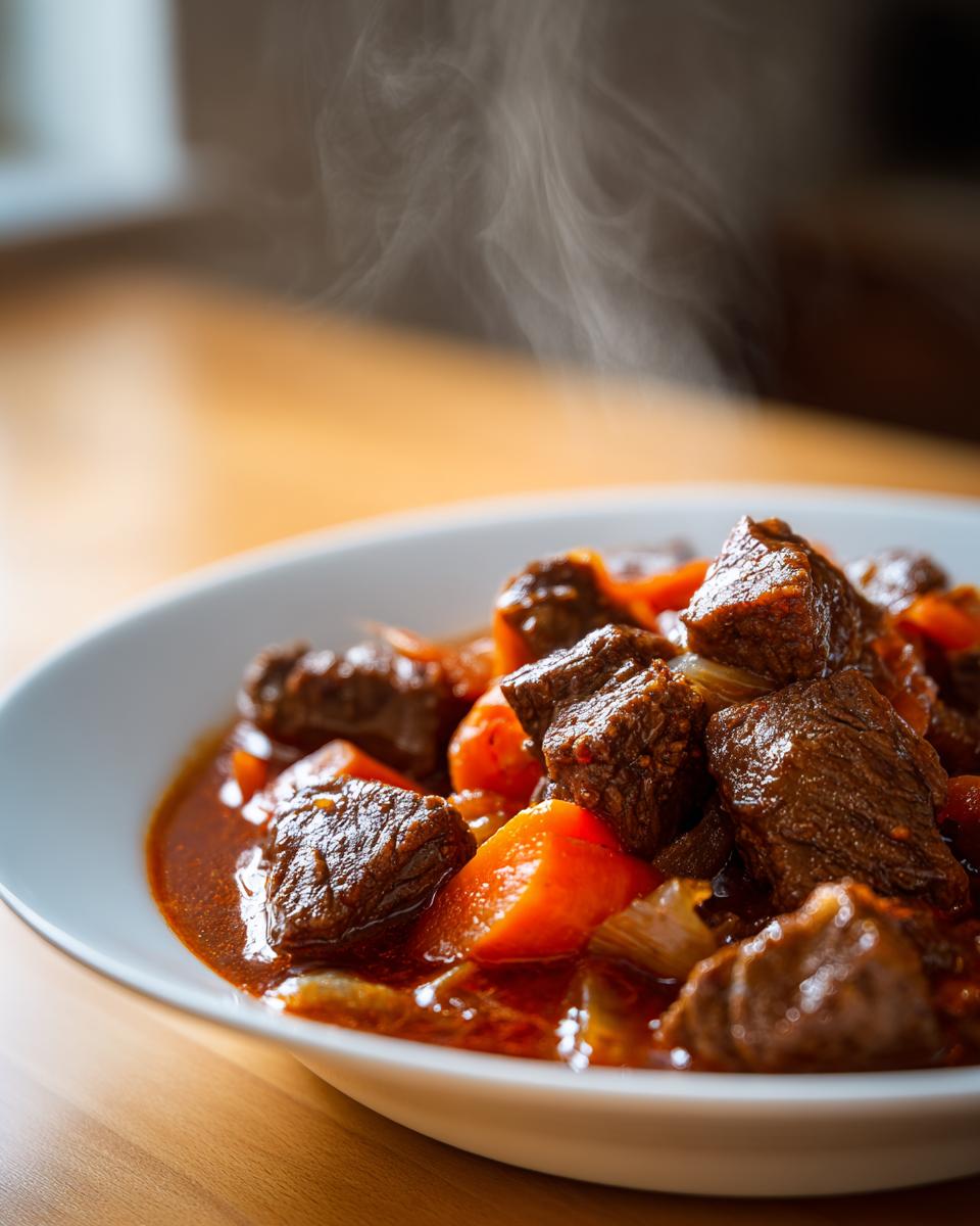 Plato humeante de guisos tradicionales españoles con trozos de carne y zanahorias en salsa roja.