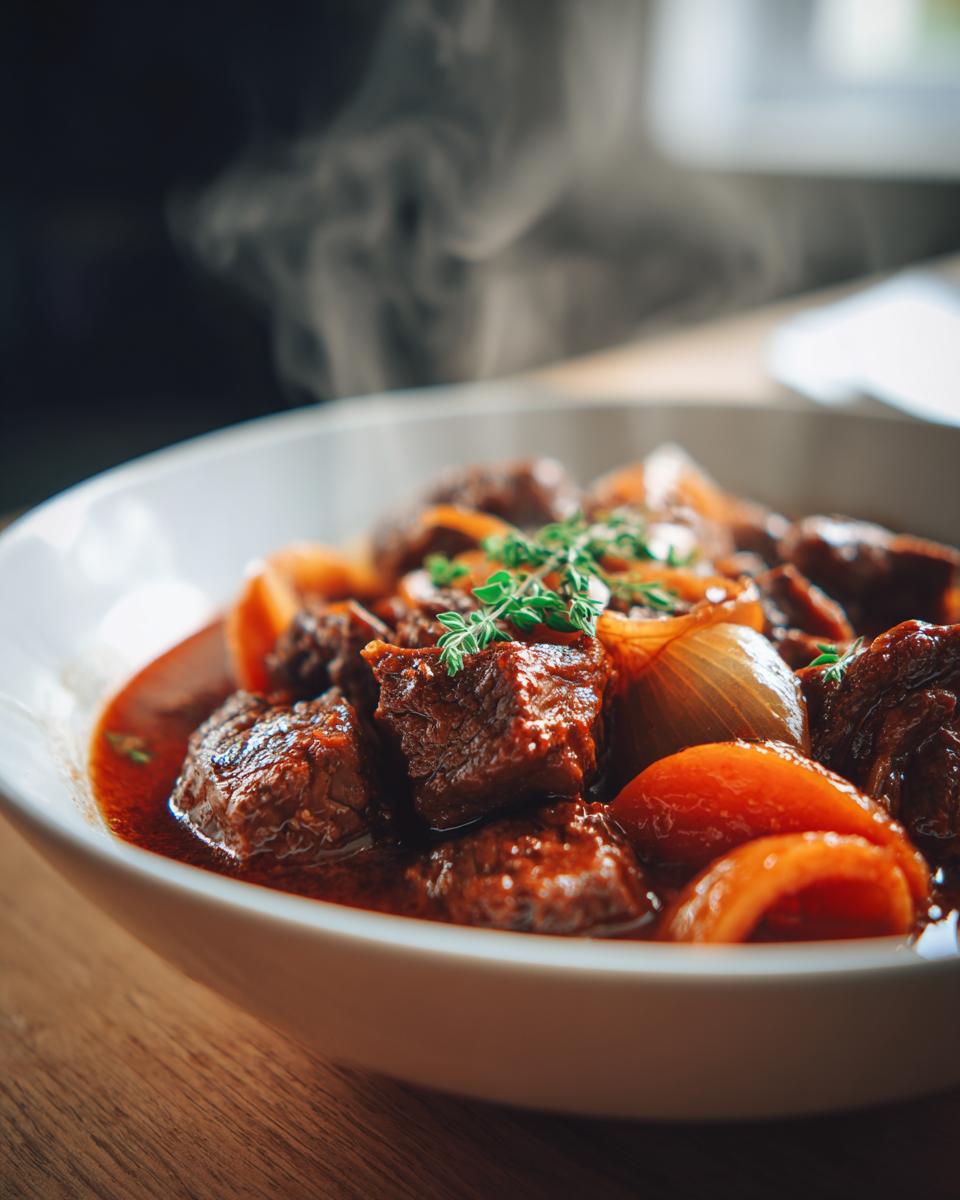 Plato hondo con guisos tradicionales españoles de carne en salsa con cebolla y zanahoria