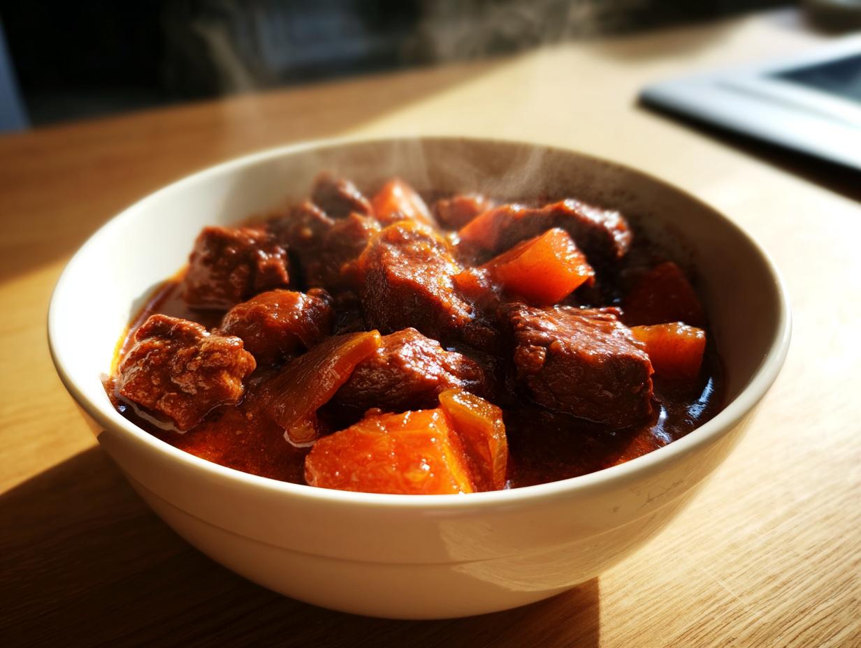 Tazón con guisos tradicionales españoles de ternera y verduras en salsa roja
