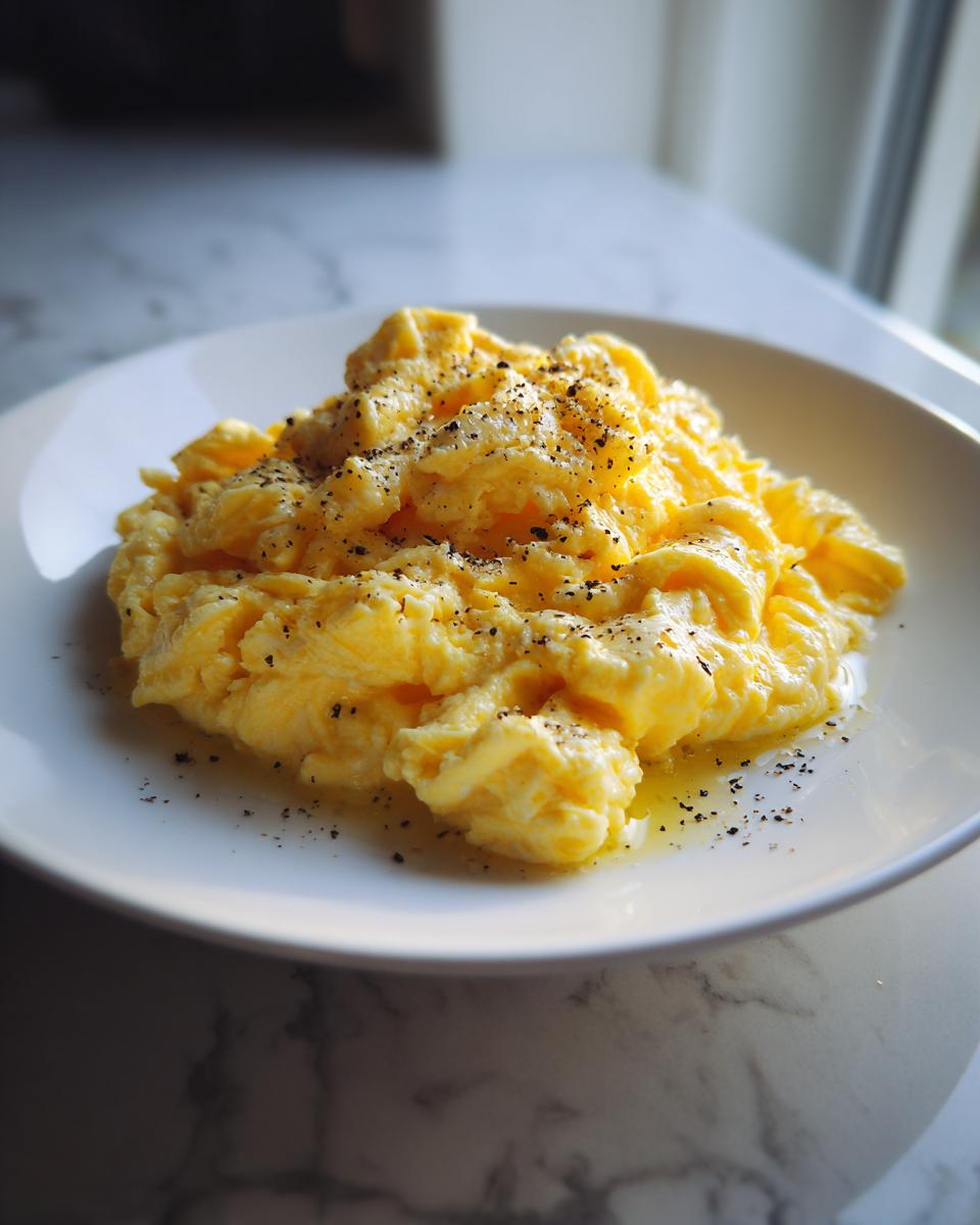 Primer plano de huevos revueltos cremosos y tiernos, sazonados con pimienta negra, como parte de recetas con huevos fáciles.