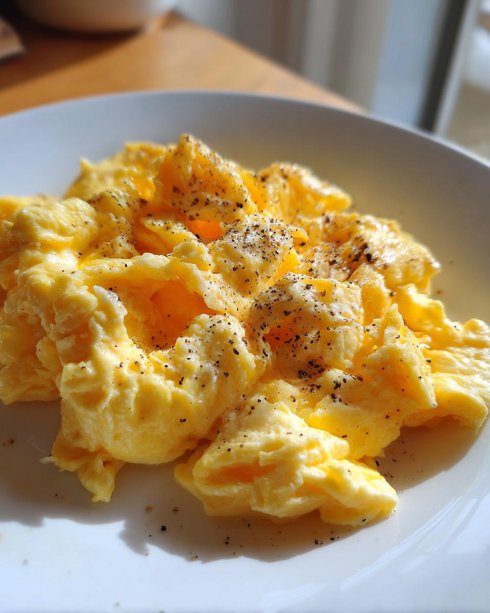 Primer plano de huevos revueltos esponjosos y tiernos, sazonados con pimienta negra, como parte de recetas con huevos fáciles.