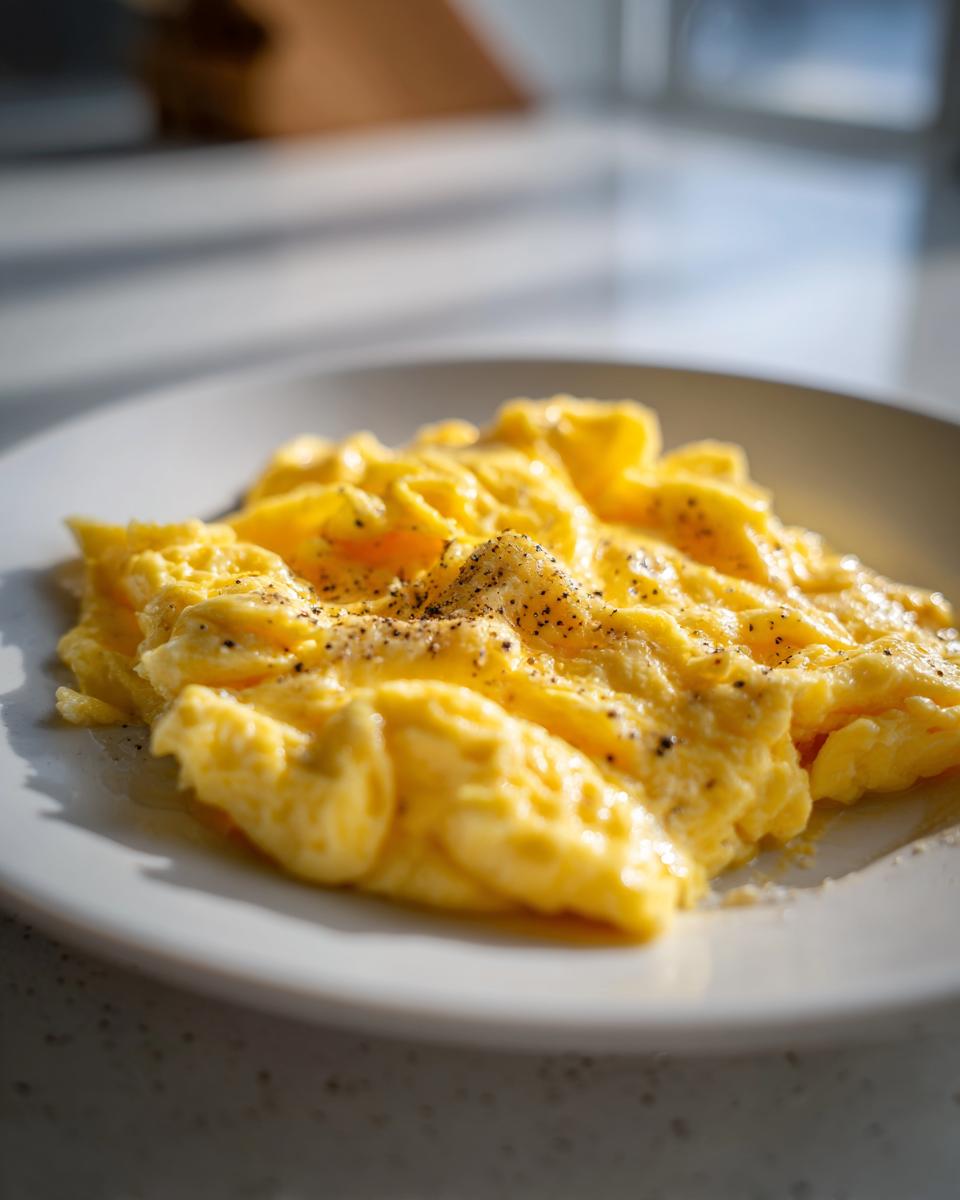 Primer plano de huevos revueltos esponjosos y tiernos, sazonados con pimienta negra, servidos en un plato blanco.