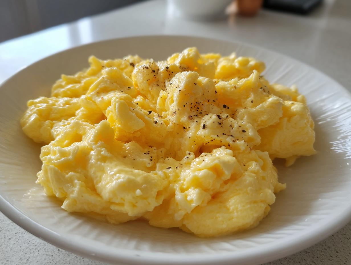 Primer plano de huevos revueltos cremosos y esponjosos, sazonados con pimienta negra, servidos en un plato blanco. Recetas con huevos fáciles.