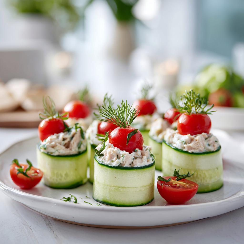 Rollitos de pepino rellenos de atún cremoso, coronados con tomate cherry y eneldo, como ideas de aperitivos fríos.