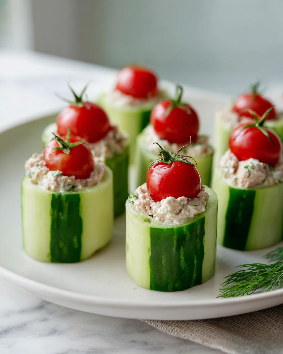 Ideas de aperitivos fríos: rollos de pepino rellenos de una mezcla cremosa y coronados con tomates cherry.