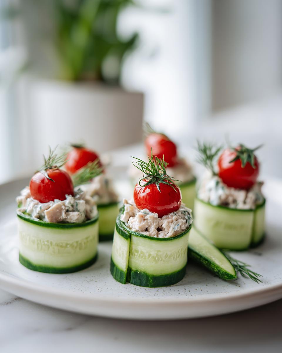 Ideas de aperitivos fríos: rollitos de pepino rellenos de ensalada cremosa y coronados con tomate cherry y eneldo.