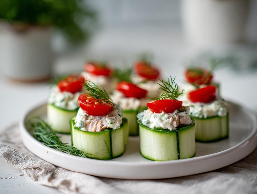Rollitos de pepino rellenos de crema y salmón, decorados con tomate cherry y eneldo, ideas de aperitivos fríos.