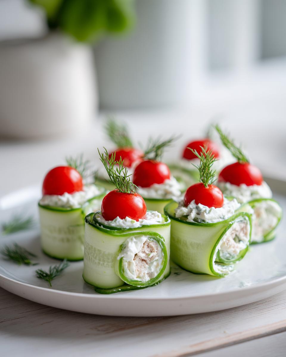 Rollitos de pepino rellenos de queso crema y atún, coronados con tomate cherry y eneldo. Ideas de aperitivos fríos.