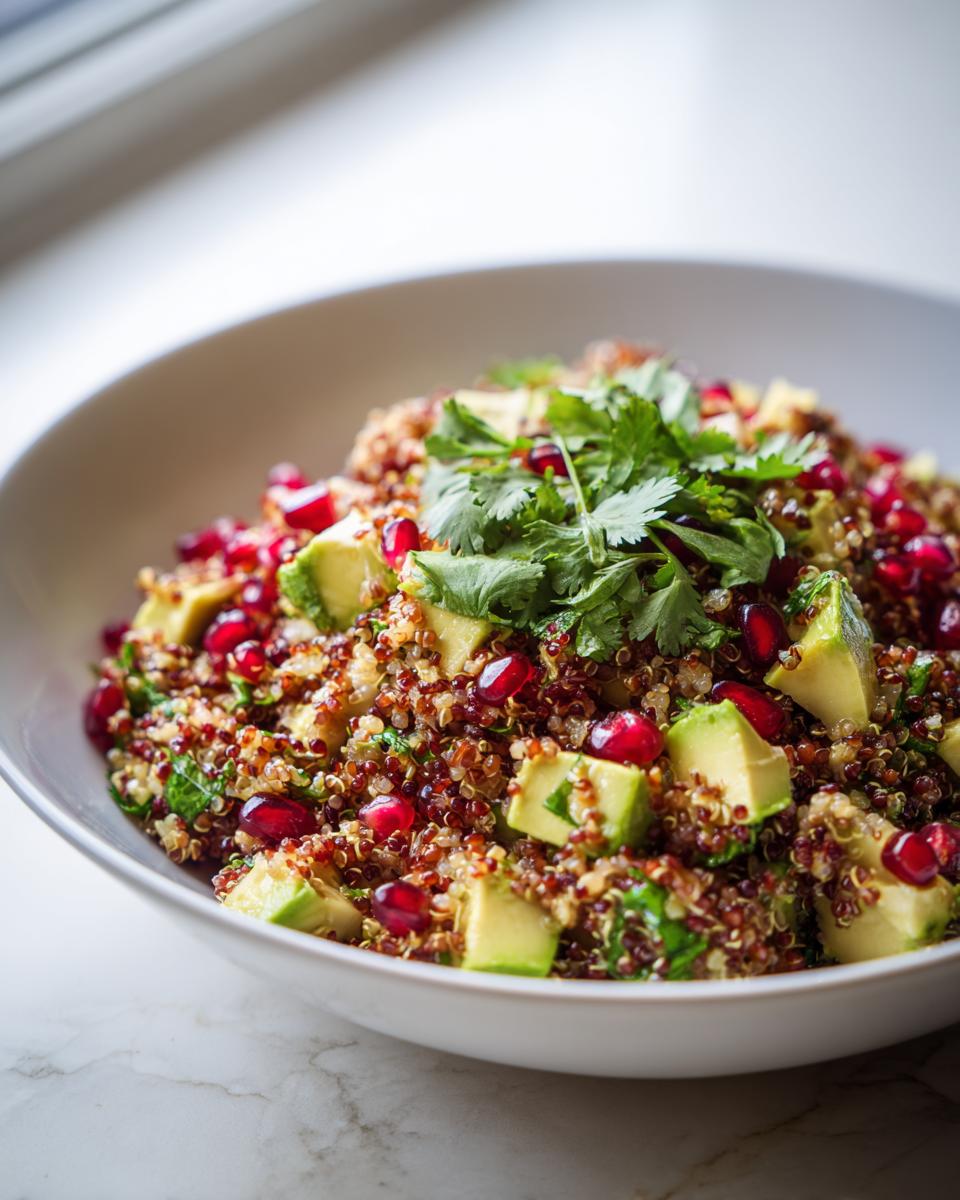 Primer plano de una ensalada de quinoa con trozos de aguacate, semillas de granada y cilantro fresco, una de las ideas de cena para año nuevo.