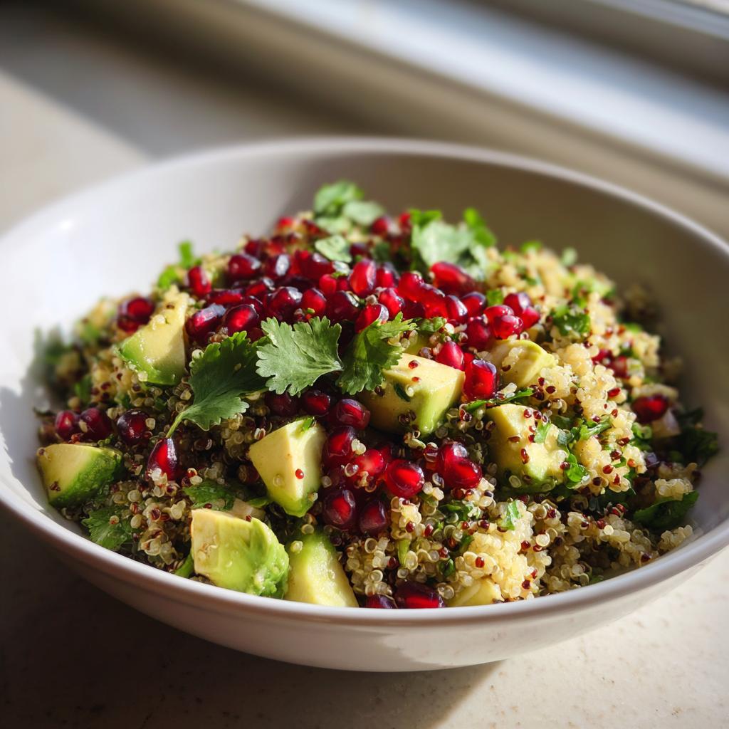 Ensalada vibrante de quinoa con granada, aguacate y cilantro, perfecta como idea de cena para Año Nuevo.