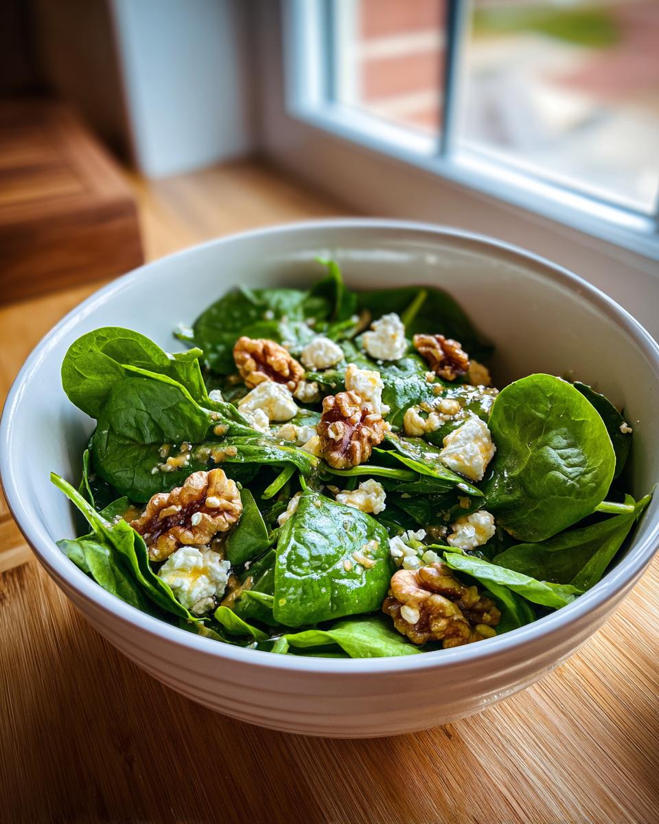 Primer plano de una ensalada de espinacas frescas con nueces crujientes y queso feta desmenuzado, ideal para ideas de cena de Nochevieja.