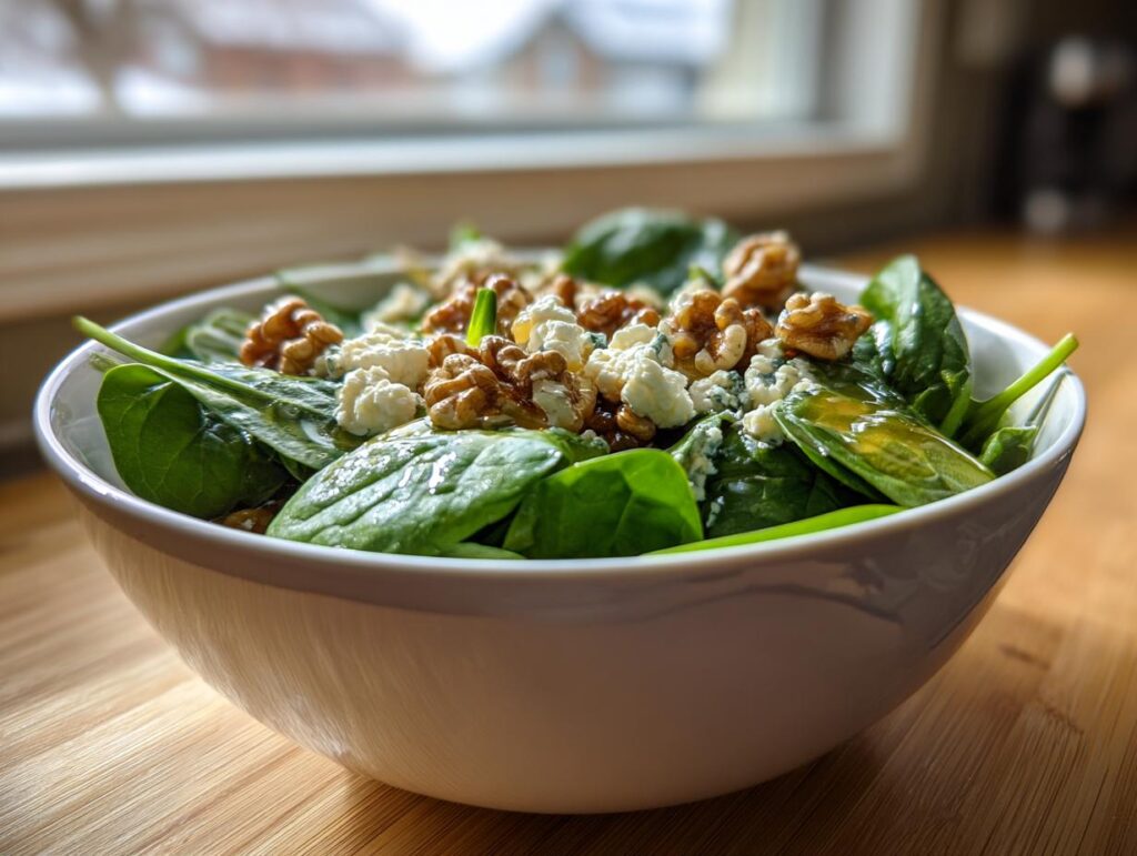 Primer plano de una ensalada de espinacas frescas con nueces crujientes y queso feta desmenuzado, una opción deliciosa para las ideas de cena de Nochevieja.