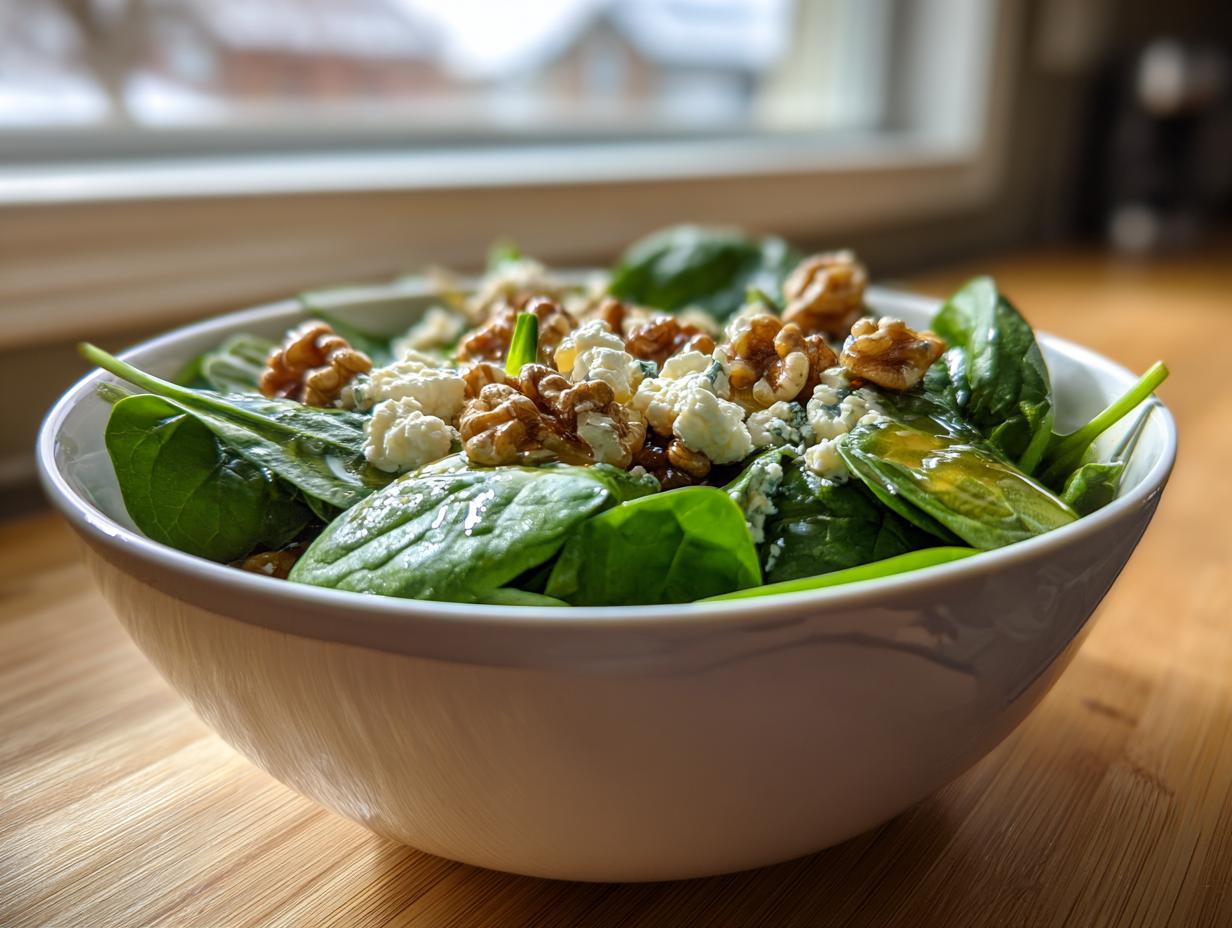 Primer plano de una ensalada de espinacas frescas con nueces crujientes y queso feta desmenuzado, una opción deliciosa para las ideas de cena de Nochevieja.