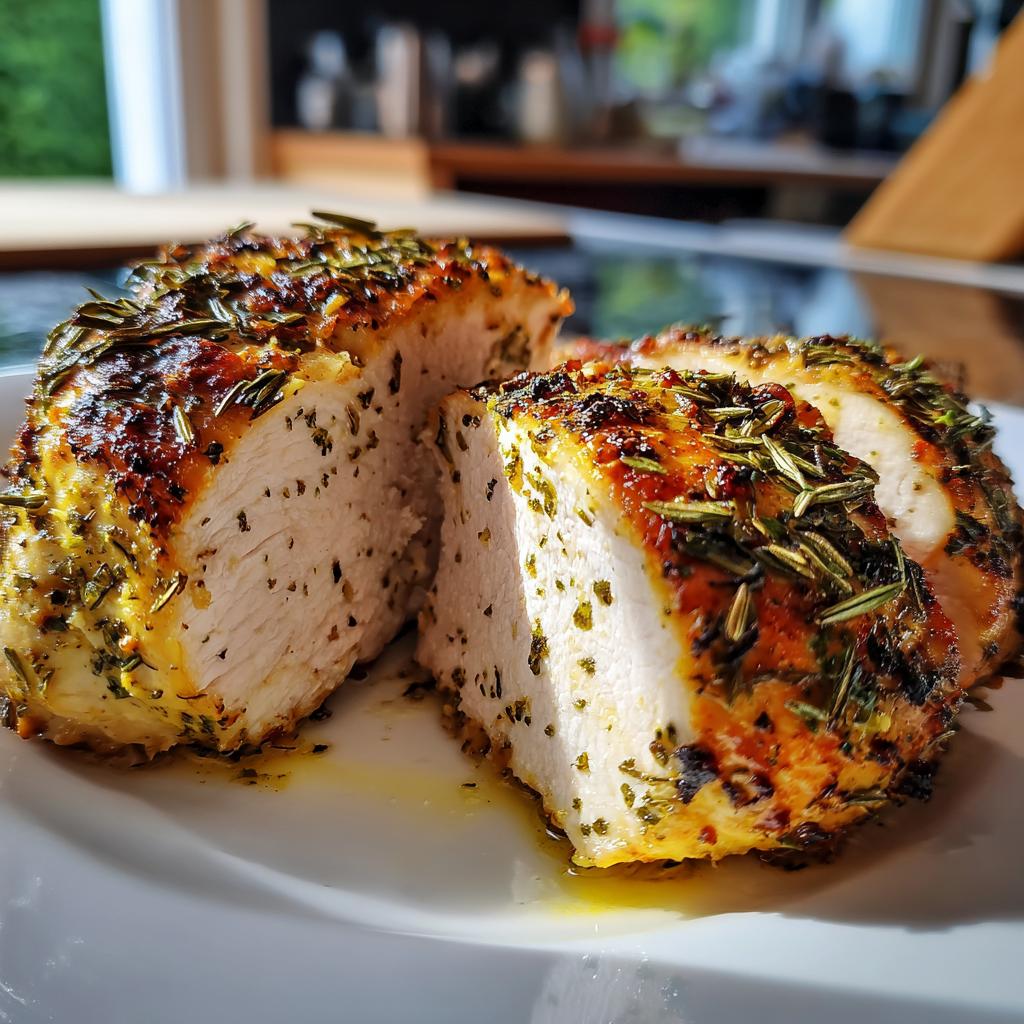Primer plano de un jugoso pollo asado cortado, cubierto con hierbas aromáticas y especias. Ideal para ideas de cenas de pollo.
