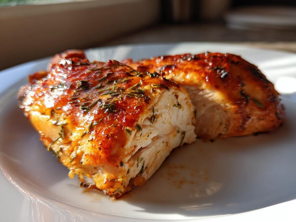 Primer plano de un jugoso pollo asado con hierbas y glaseado brillante, una de las ideas para cenas de pollo.