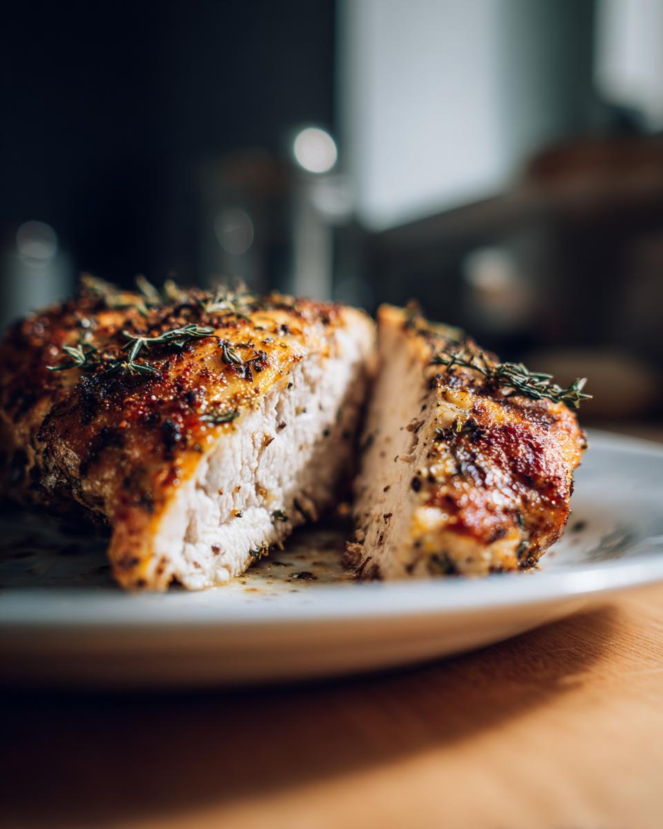 Primer plano de un pollo asado jugoso, cortado por la mitad y adornado con hierbas frescas, una de las ideas para cenas de pollo.