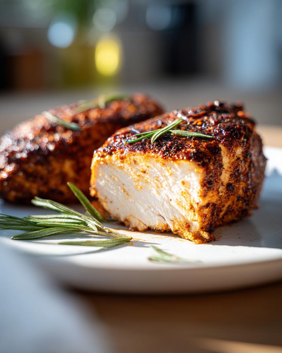 Primer plano de pechugas de pollo asadas con especias y romero, perfectas para ideas de cenas de pollo.