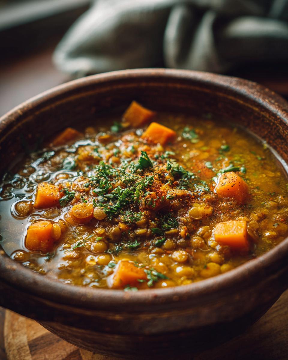 Primer plano de un cuenco rústico lleno de lentejas con trozos de calabaza, decorado con perejil picado y especias, perfecto para platos calientes de invierno.