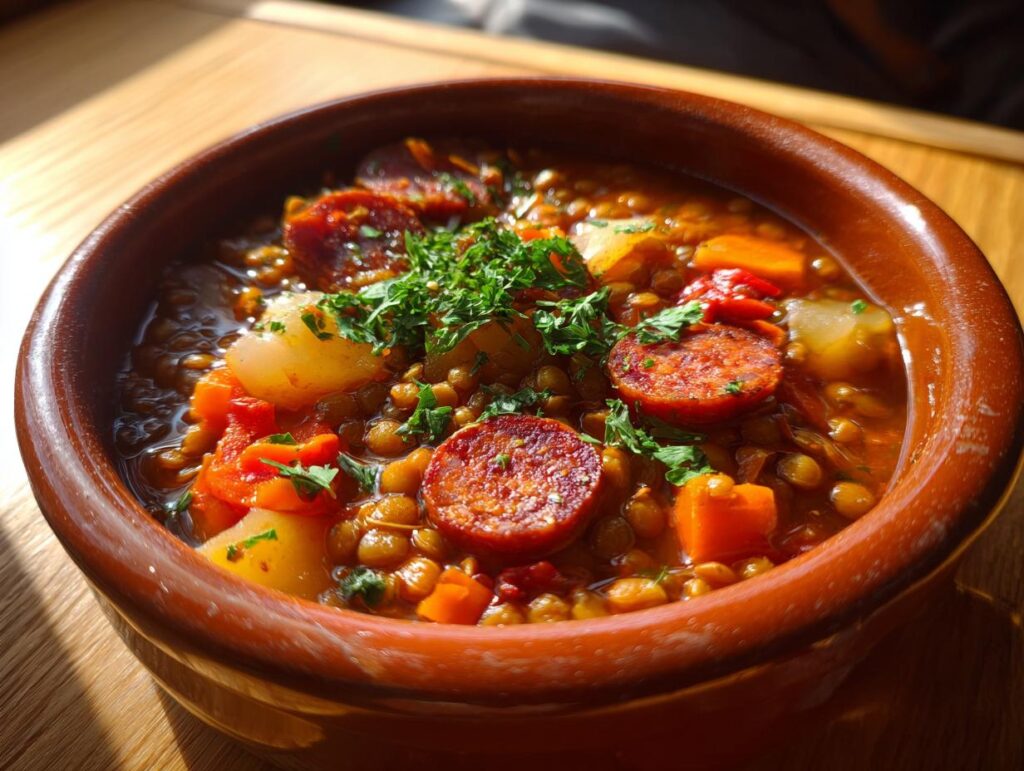 Primer plano de un cuenco de barro con lentejas con chorizo, patatas y zanahorias, adornado con perejil fresco.