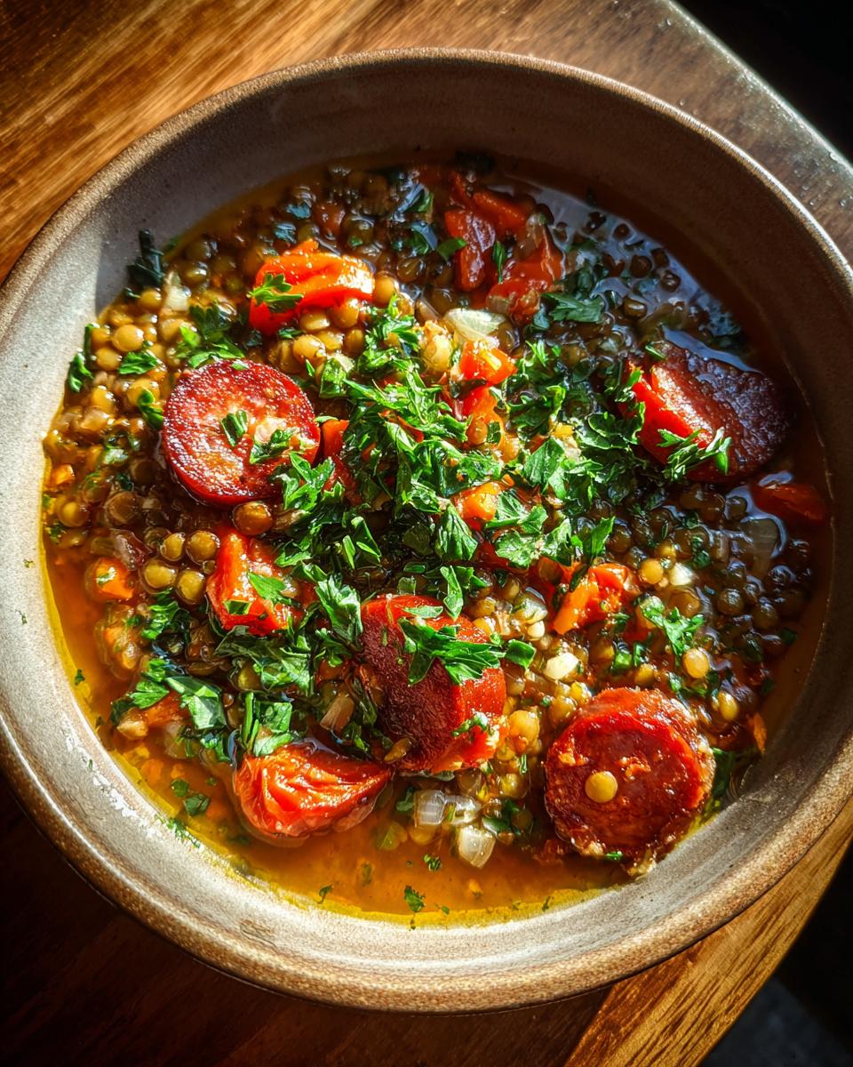 Primer plano de un cuenco de lentejas con chorizo, zanahorias y perejil fresco picado.