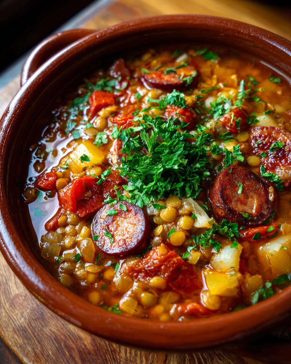 Primer plano de un cuenco de barro con lentejas con chorizo, trozos de patata y perejil fresco picado.