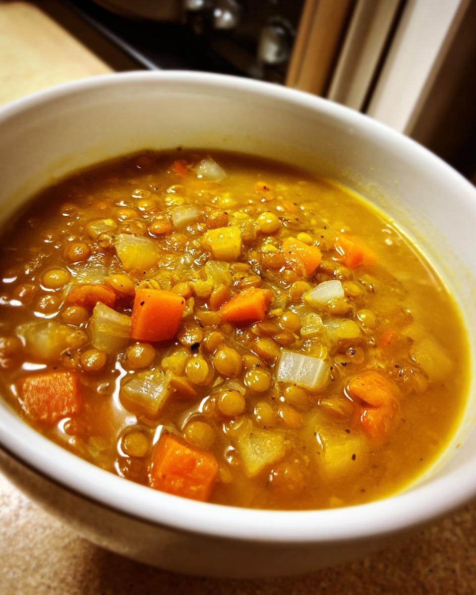 Primer plano de un cuenco de sopa de lentejas con verduras, zanahoria y patata, una de las recetas de invierno fáciles.