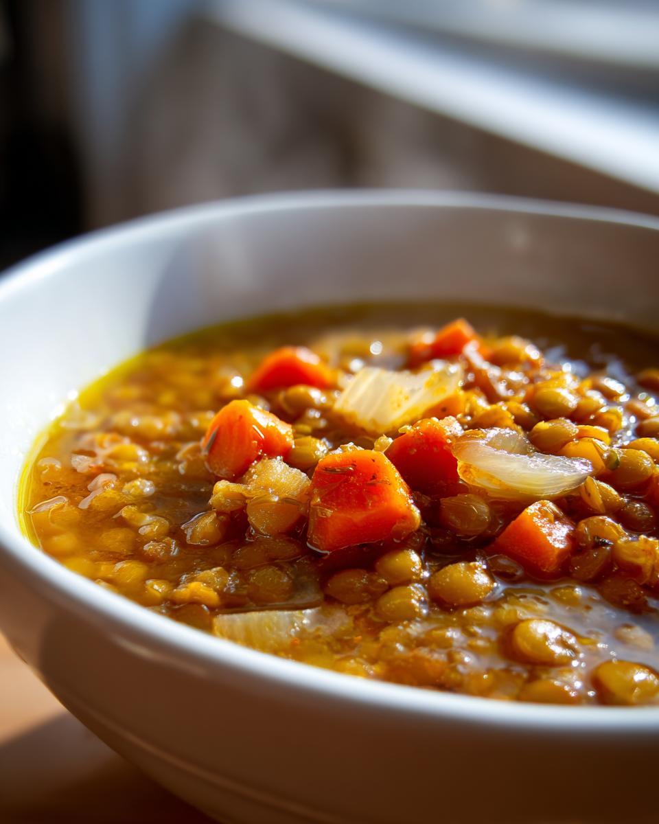 Primer plano de un cuenco blanco lleno de lentejas con trozos de zanahoria y cebolla, una de las recetas de invierno fáciles.