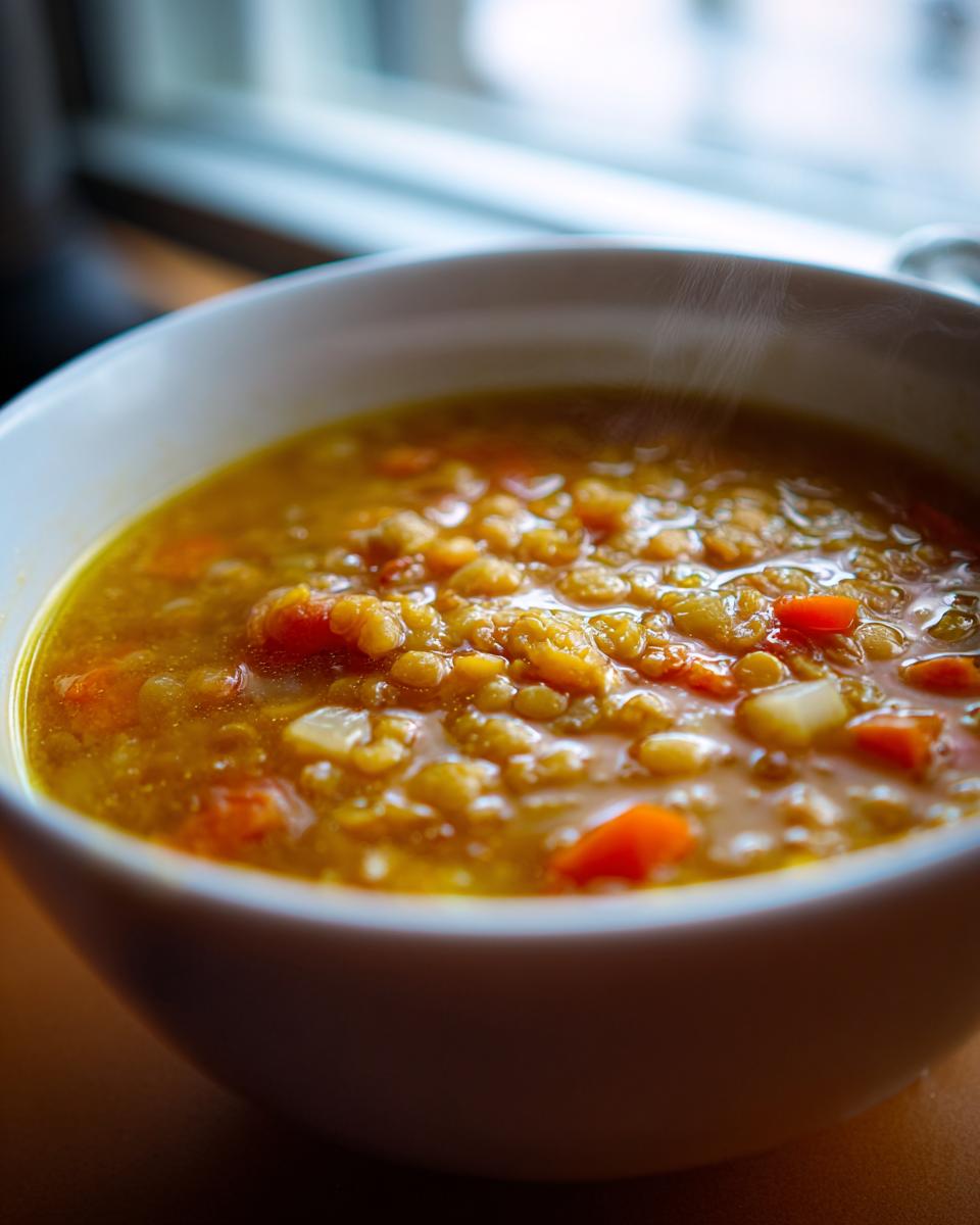 Primer plano de un tazón humeante de sopa de lentejas con zanahorias y patatas, una de las recetas de invierno fáciles.