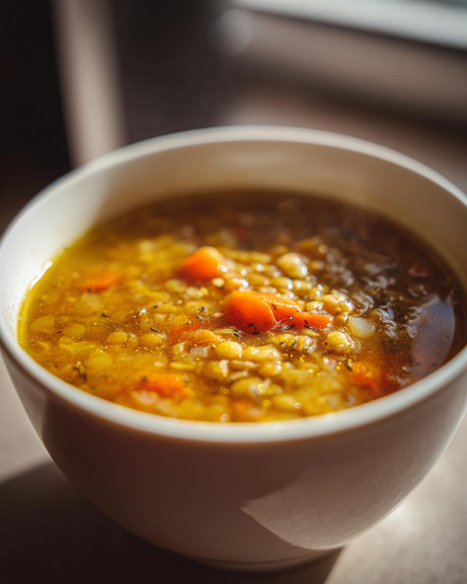 Primer plano de un tazón de sopa de lentejas con zanahorias, ideal para recetas de invierno fáciles.