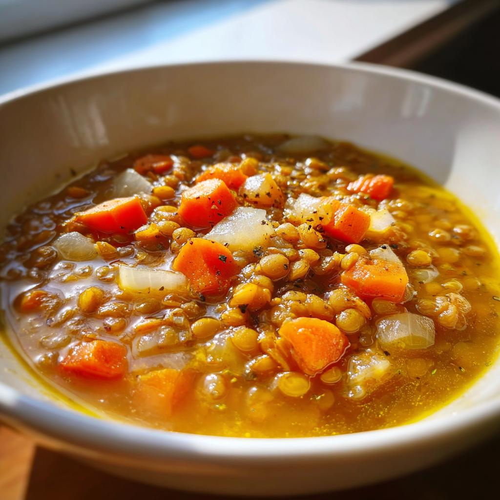 Primer plano de un cuenco de sopa de lentejas con zanahoria y cebolla, una de las recetas de invierno fáciles.