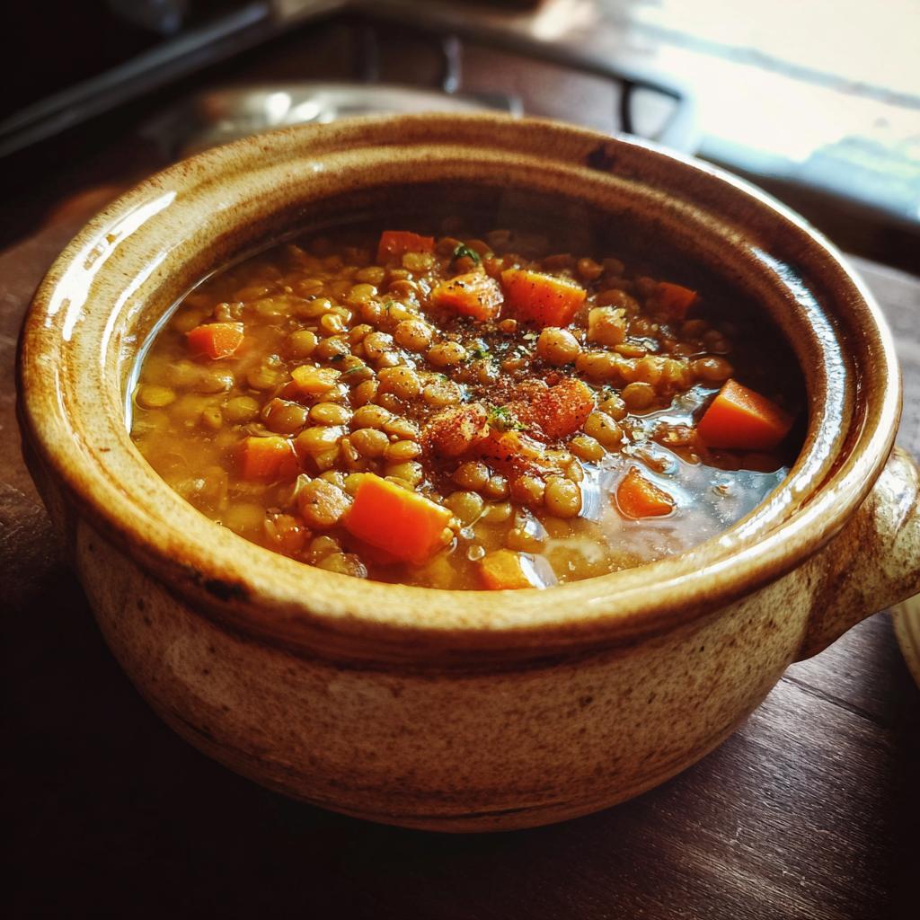 Primer plano de un cuenco rústico lleno de lentejas con trozos de zanahoria, un plato caliente de invierno perfecto.